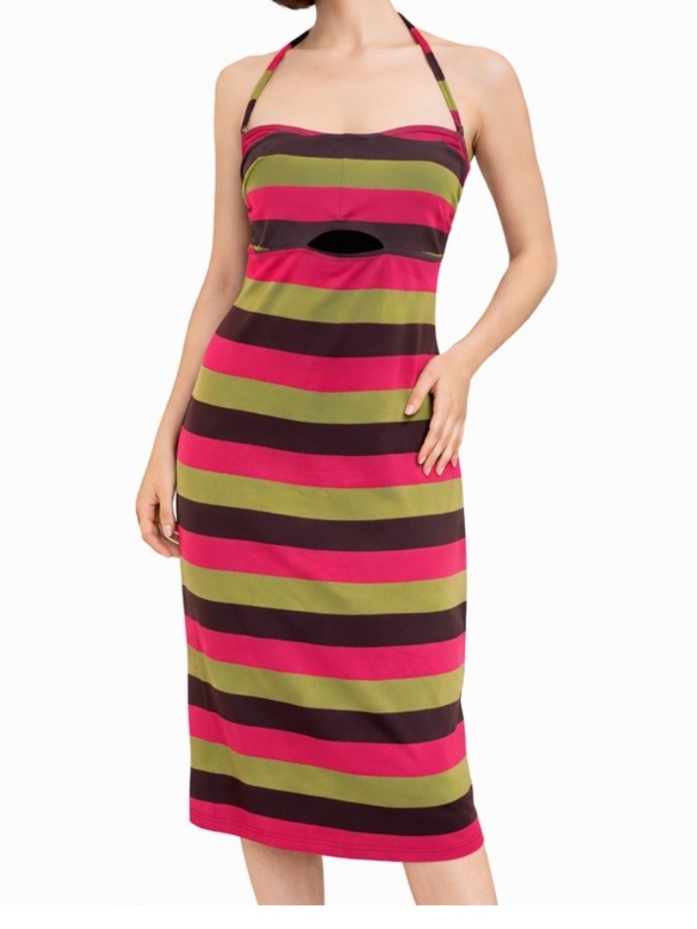 Zimmermann Striped Halter Midi Dress Pink Olive Green Bodycon resort wear